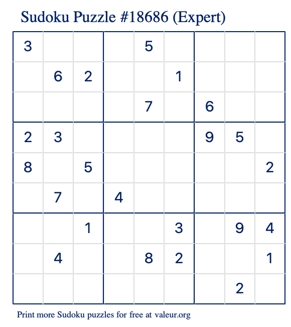 Free Printable Expert Sudoku Puzzle number 18686