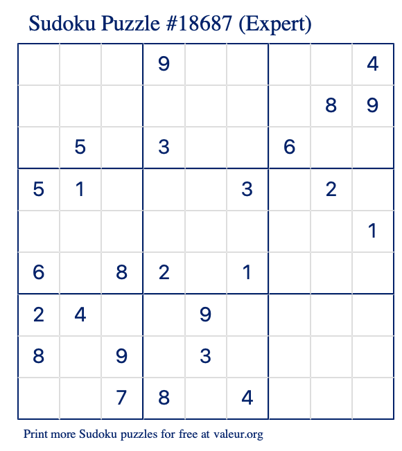 Free Printable Expert Sudoku Puzzle number 18687