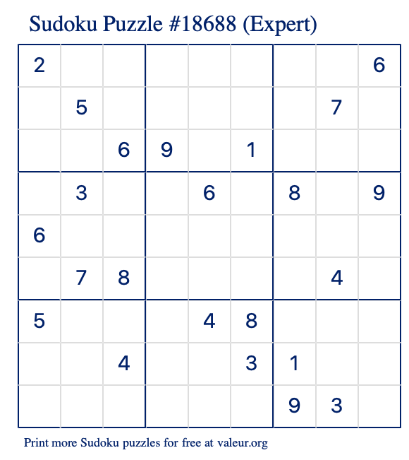 Free Printable Expert Sudoku Puzzle number 18688