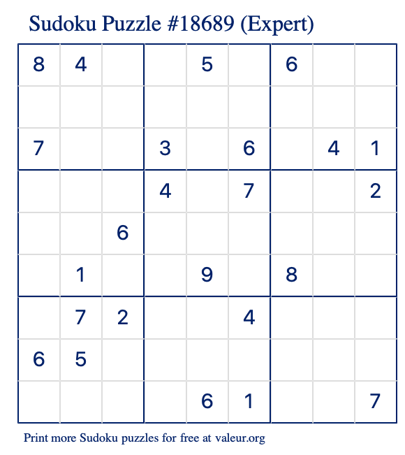 Free Printable Expert Sudoku Puzzle number 18689