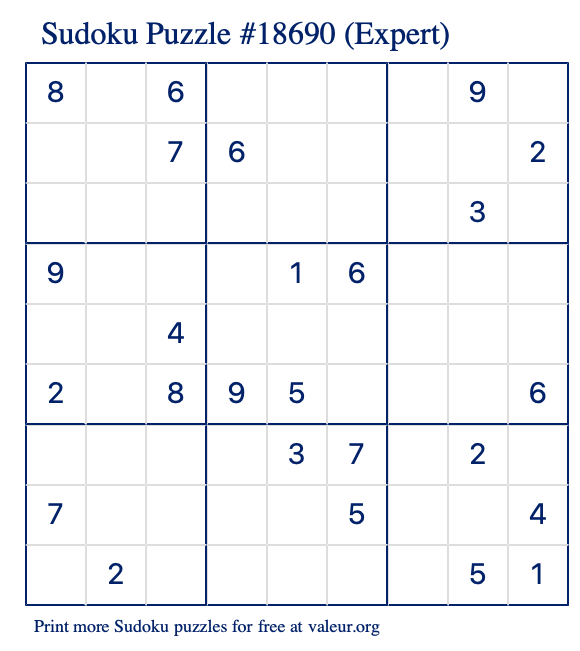 Free Printable Expert Sudoku Puzzle number 18690