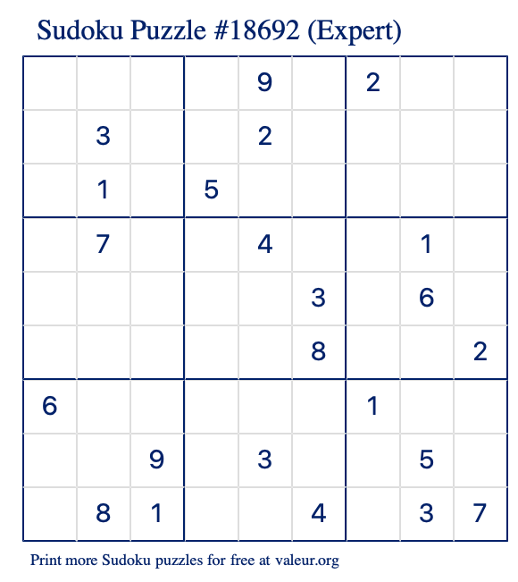 Free Printable Expert Sudoku Puzzle number 18692