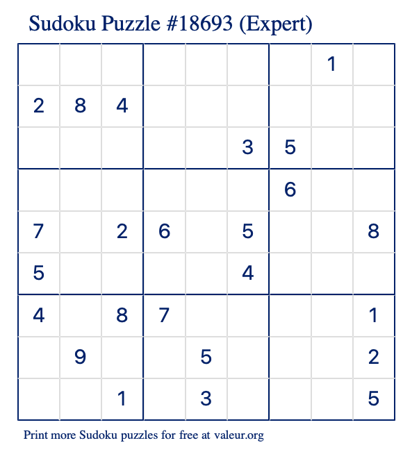 Free Printable Expert Sudoku Puzzle number 18693