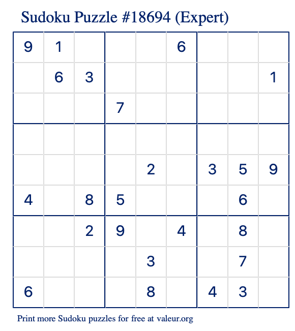 Free Printable Expert Sudoku Puzzle number 18694