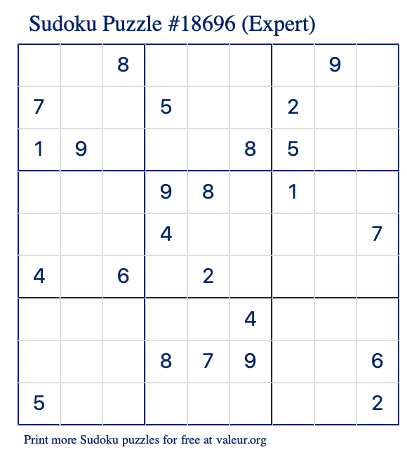 Free Printable Expert Sudoku Puzzle number 18696