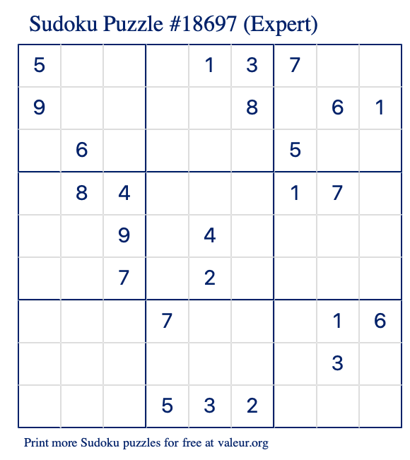 Free Printable Expert Sudoku Puzzle number 18697