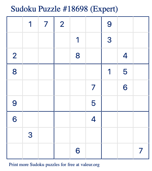 Free Printable Expert Sudoku Puzzle number 18698