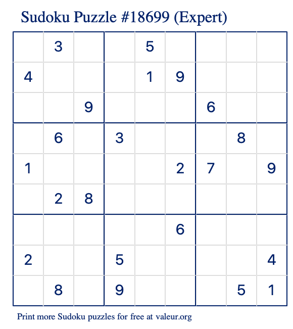 Free Printable Expert Sudoku Puzzle number 18699