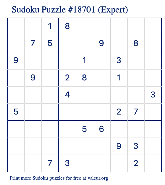 Free Printable Expert Sudoku Puzzle number 18701