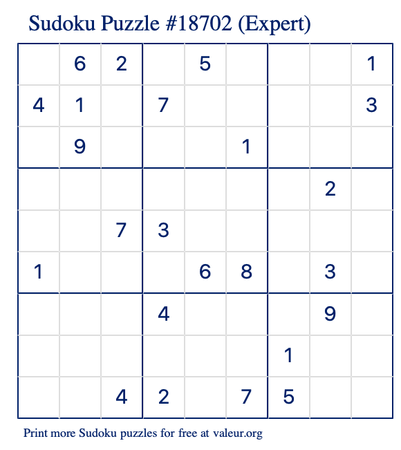 Free Printable Expert Sudoku Puzzle number 18702