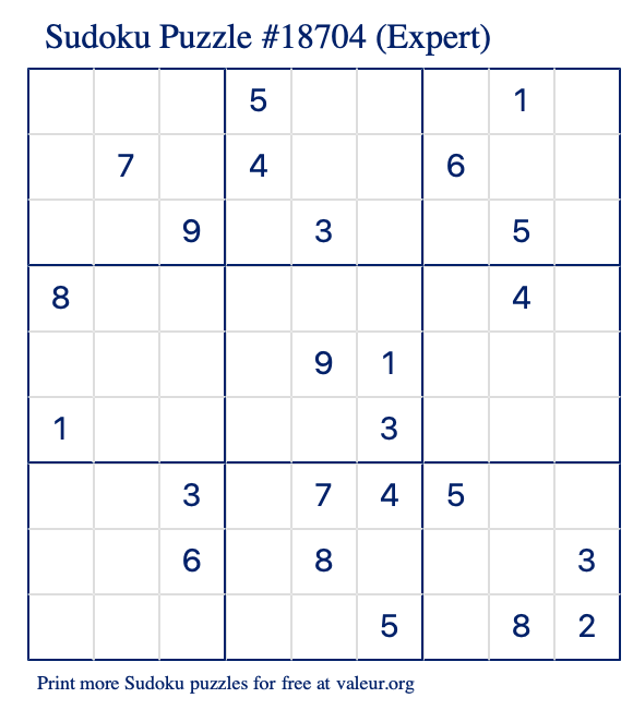 Free Printable Expert Sudoku Puzzle number 18704