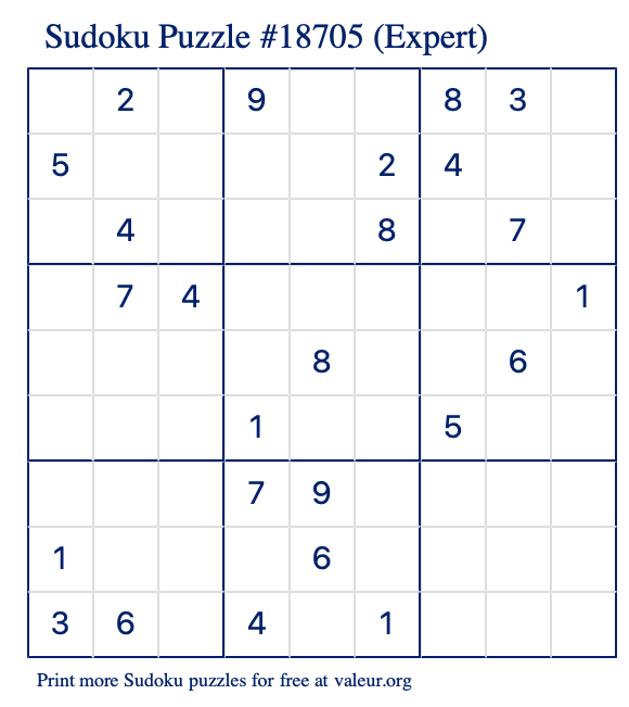 Free Printable Expert Sudoku Puzzle number 18705