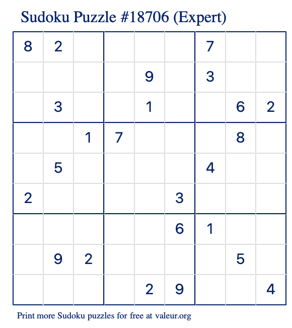 Free Printable Expert Sudoku Puzzle number 18706