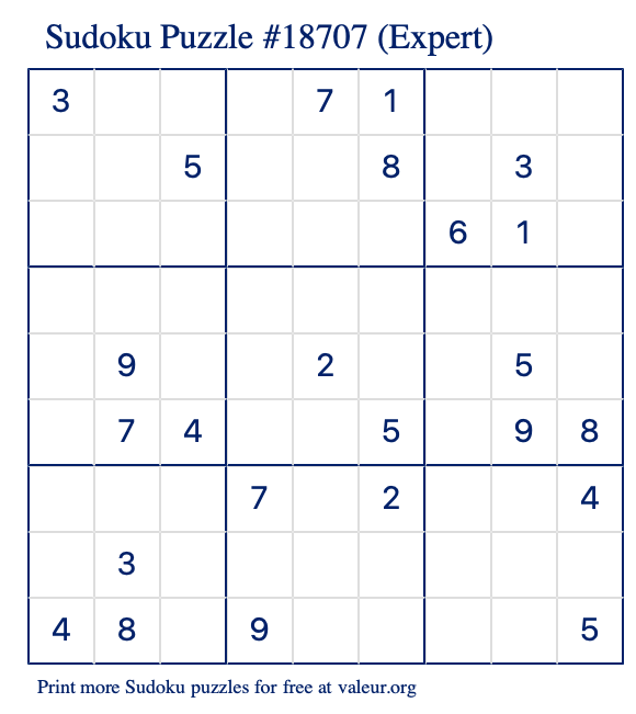 Free Printable Expert Sudoku Puzzle number 18707