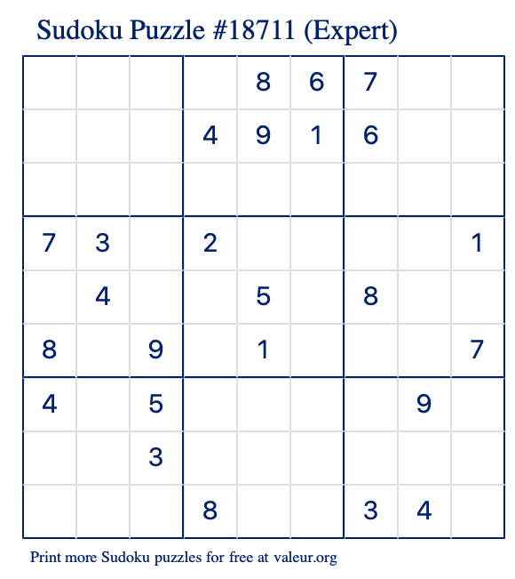 Free Printable Expert Sudoku Puzzle number 18711