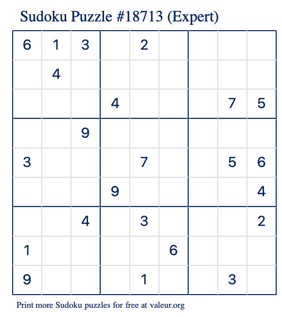 Free Printable Expert Sudoku Puzzle number 18713