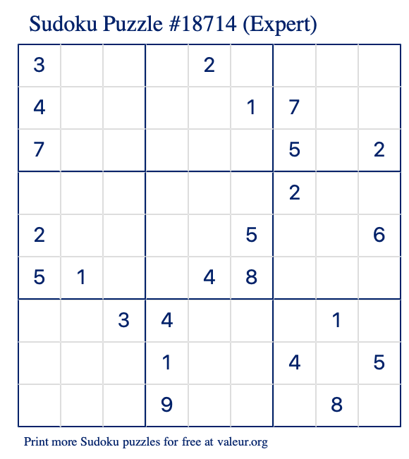 Free Printable Expert Sudoku Puzzle number 18714