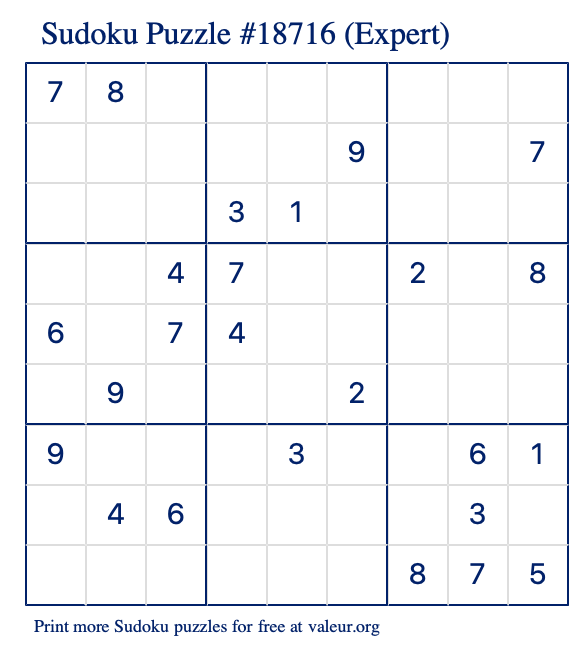 Free Printable Expert Sudoku Puzzle number 18716