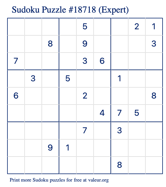 Free Printable Expert Sudoku Puzzle number 18718