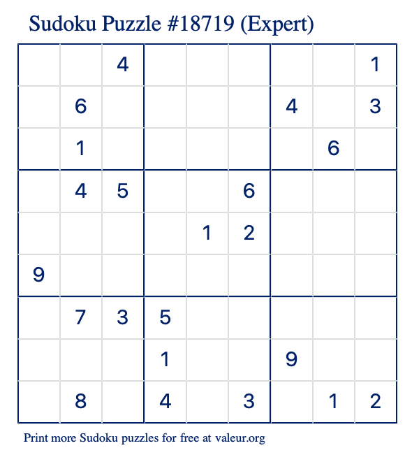 Free Printable Expert Sudoku Puzzle number 18719