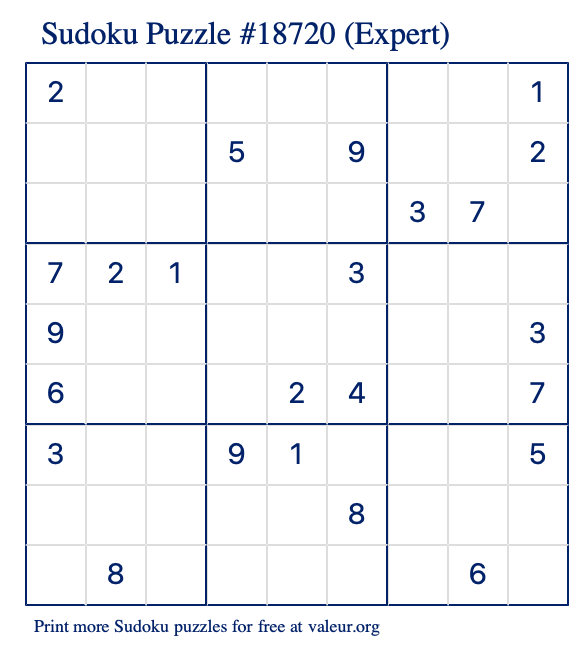 Free Printable Expert Sudoku Puzzle number 18720