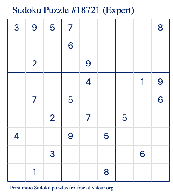 Free Printable Expert Sudoku Puzzle number 18721