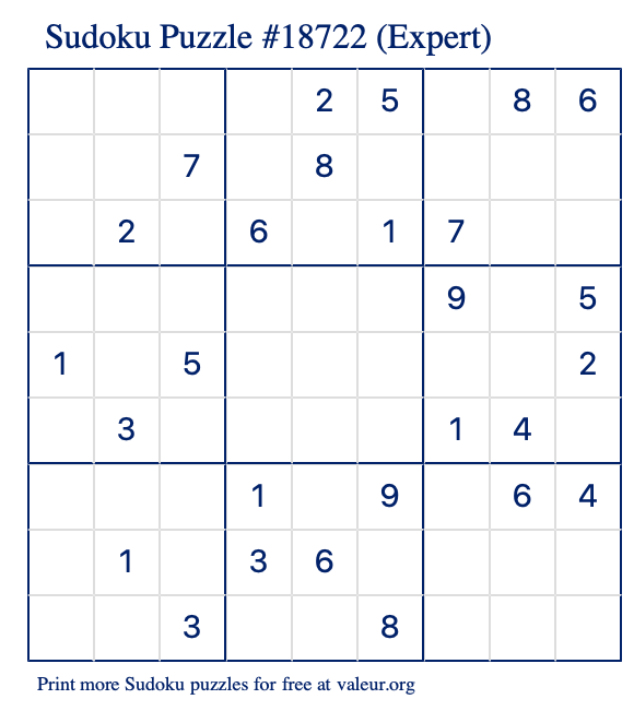 Free Printable Expert Sudoku Puzzle number 18722