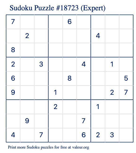 Free Printable Expert Sudoku Puzzle number 18723