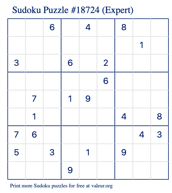 Free Printable Expert Sudoku Puzzle number 18724