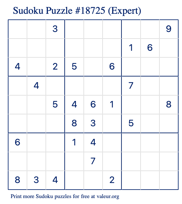 Free Printable Expert Sudoku Puzzle number 18725