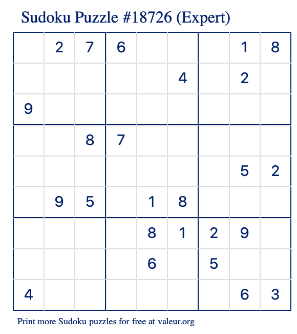 Free Printable Expert Sudoku Puzzle number 18726