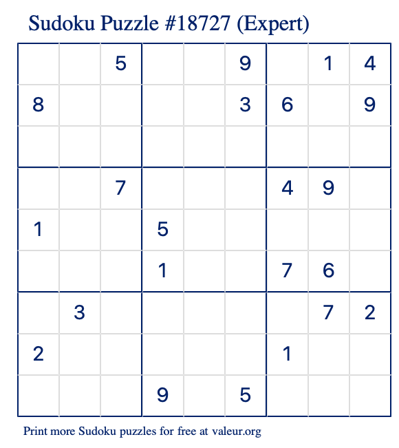 Free Printable Expert Sudoku Puzzle number 18727