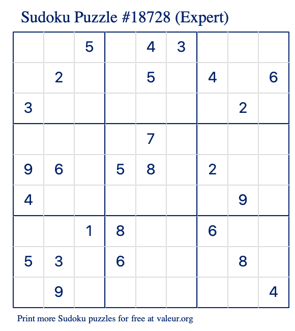 Free Printable Expert Sudoku Puzzle number 18728