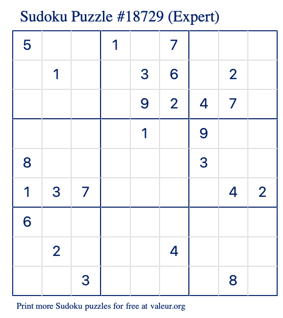 Free Printable Expert Sudoku Puzzle number 18729
