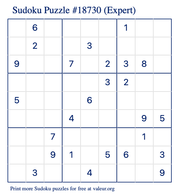 Free Printable Expert Sudoku Puzzle number 18730