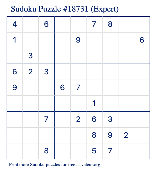 Free Printable Expert Sudoku Puzzle number 18731