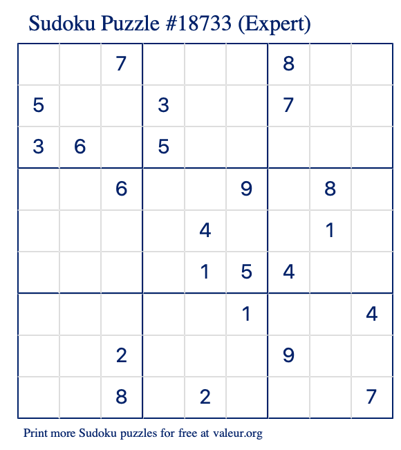 Free Printable Expert Sudoku Puzzle number 18733