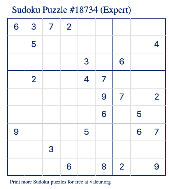 Free Printable Expert Sudoku Puzzle number 18734