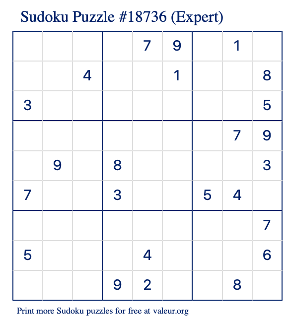 Free Printable Expert Sudoku Puzzle number 18736