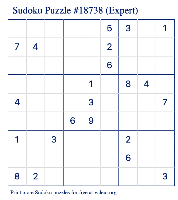 Free Printable Expert Sudoku Puzzle number 18738
