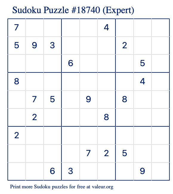Free Printable Expert Sudoku Puzzle number 18740