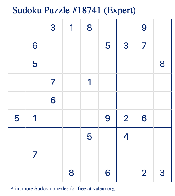 Free Printable Expert Sudoku Puzzle number 18741