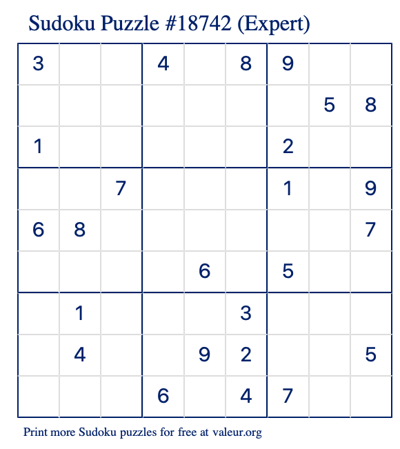 Free Printable Expert Sudoku Puzzle number 18742