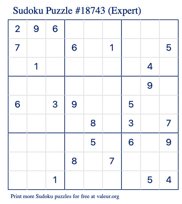 Free Printable Expert Sudoku Puzzle number 18743