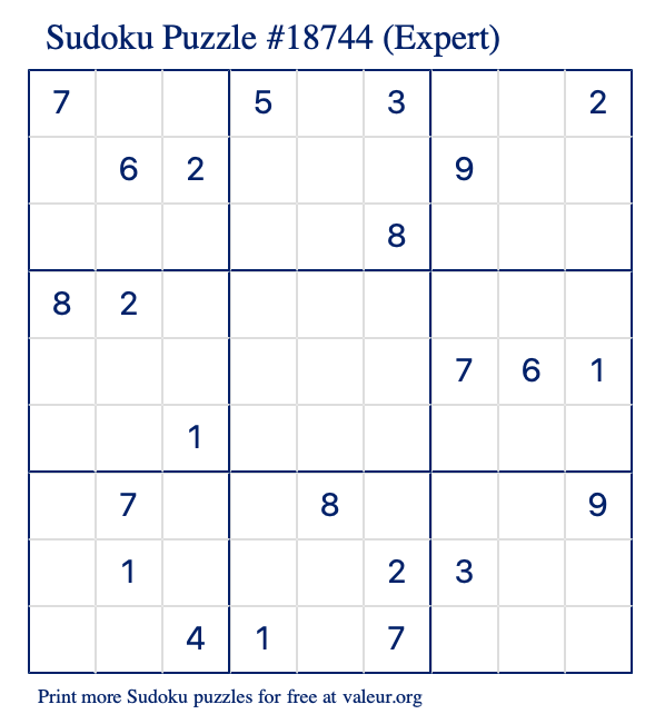 Free Printable Expert Sudoku Puzzle number 18744