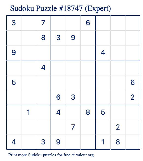 Free Printable Expert Sudoku Puzzle number 18747
