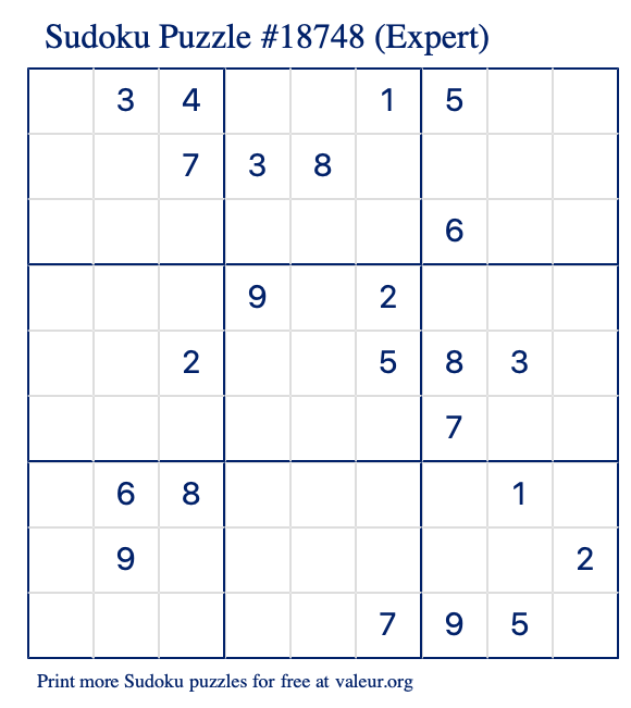 Free Printable Expert Sudoku Puzzle number 18748