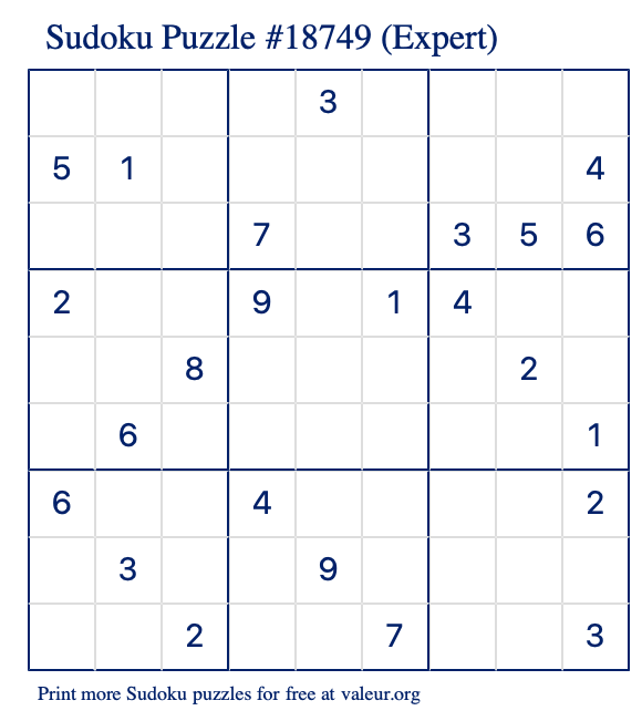 Free Printable Expert Sudoku Puzzle number 18749