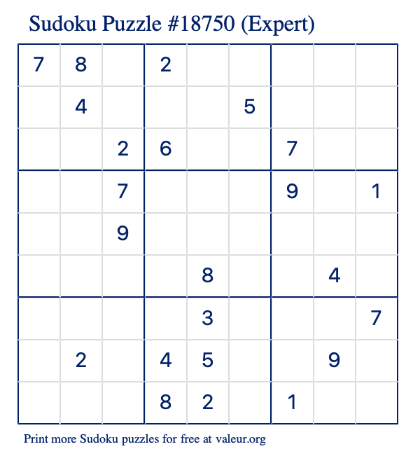Free Printable Expert Sudoku Puzzle number 18750