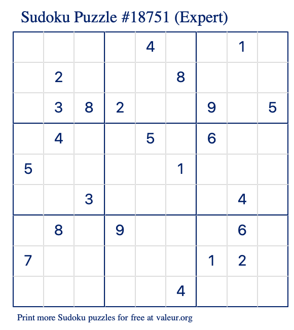 Free Printable Expert Sudoku Puzzle number 18751